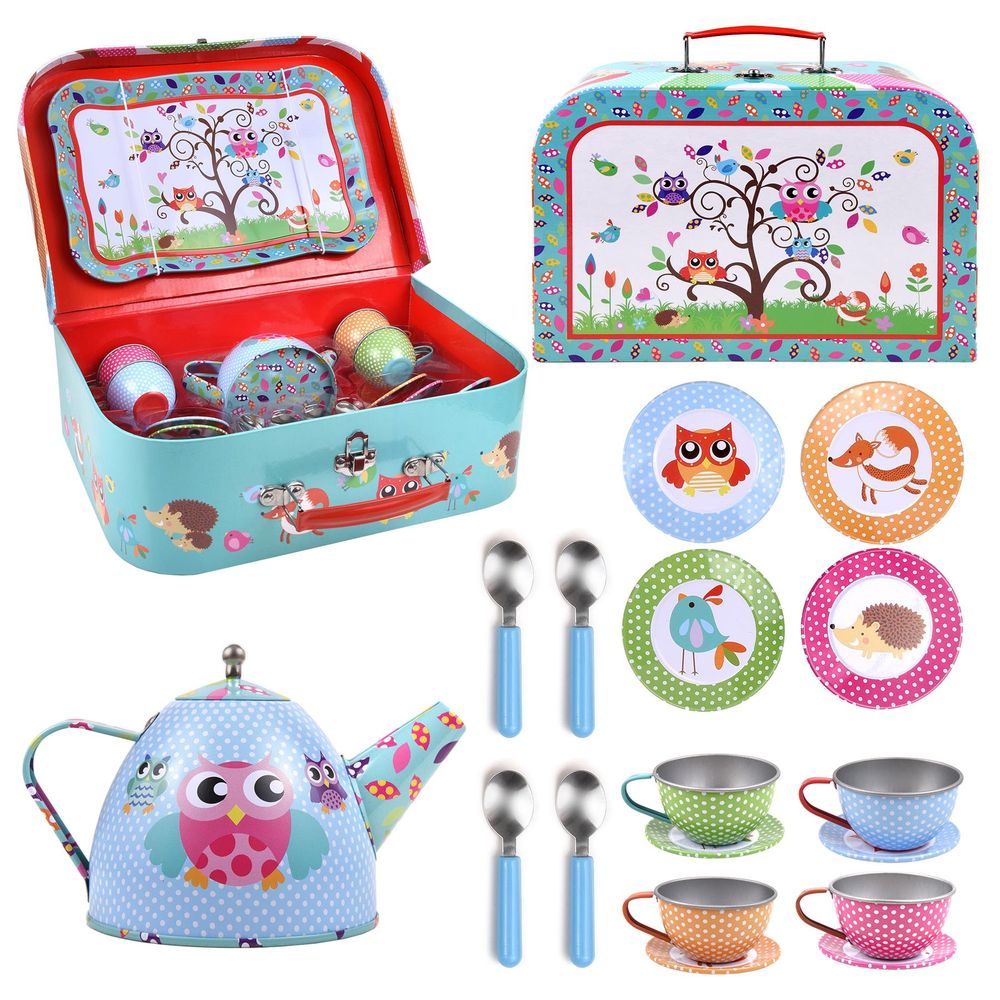 18pcs Woodland Animals Owls Metal Tea Party Play Set with Carry Case