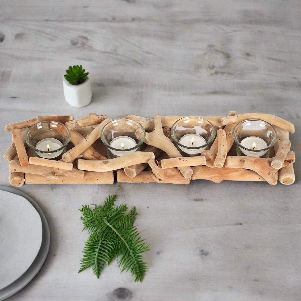 4pc Driftwood Tea Light Candle Holder Seaside Beach Decor