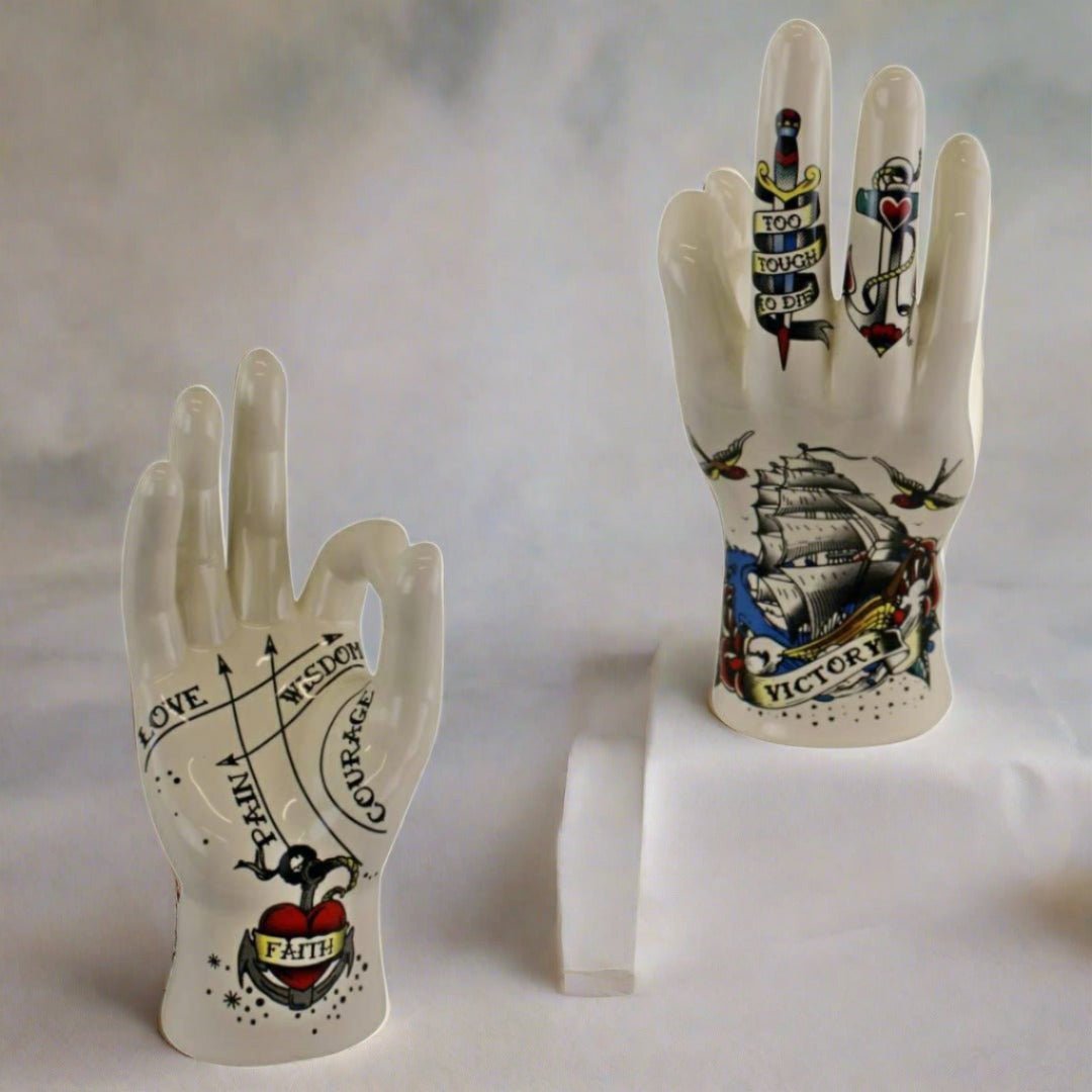Ceramic Palmistry Hand Pseudoscience Art Ornament - Faith Tattoo Print