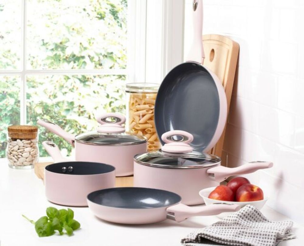 Cermalon 5-Piece Ceramic Non-Stick Pots Pan Set - Blush Pink Sparkle