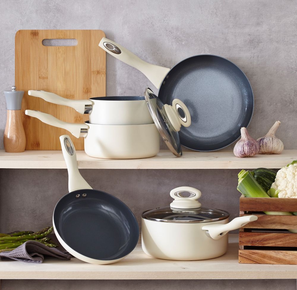 Cermalon Cream 5 Piece Non Stick Cookware Pot Pan Set