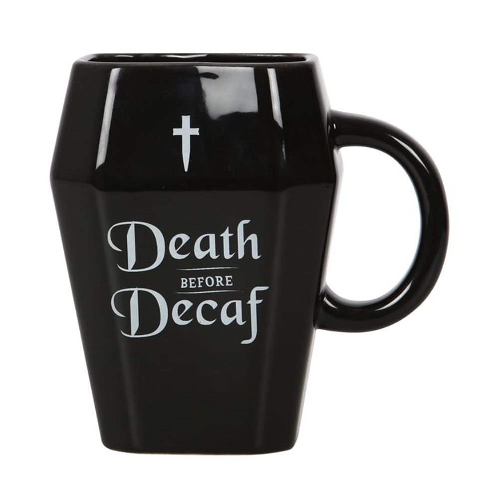 Death Before Decaf Black Coffin Shaped Ceramic Mug