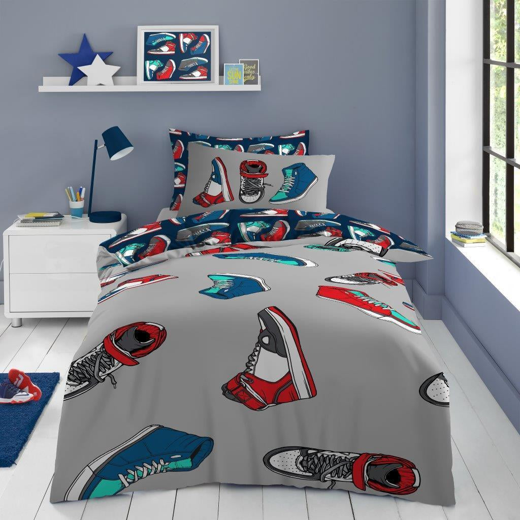 High-Top Trainers Kids Duvet Cover Bedding Set and Fitted Sheets - Grey Blue