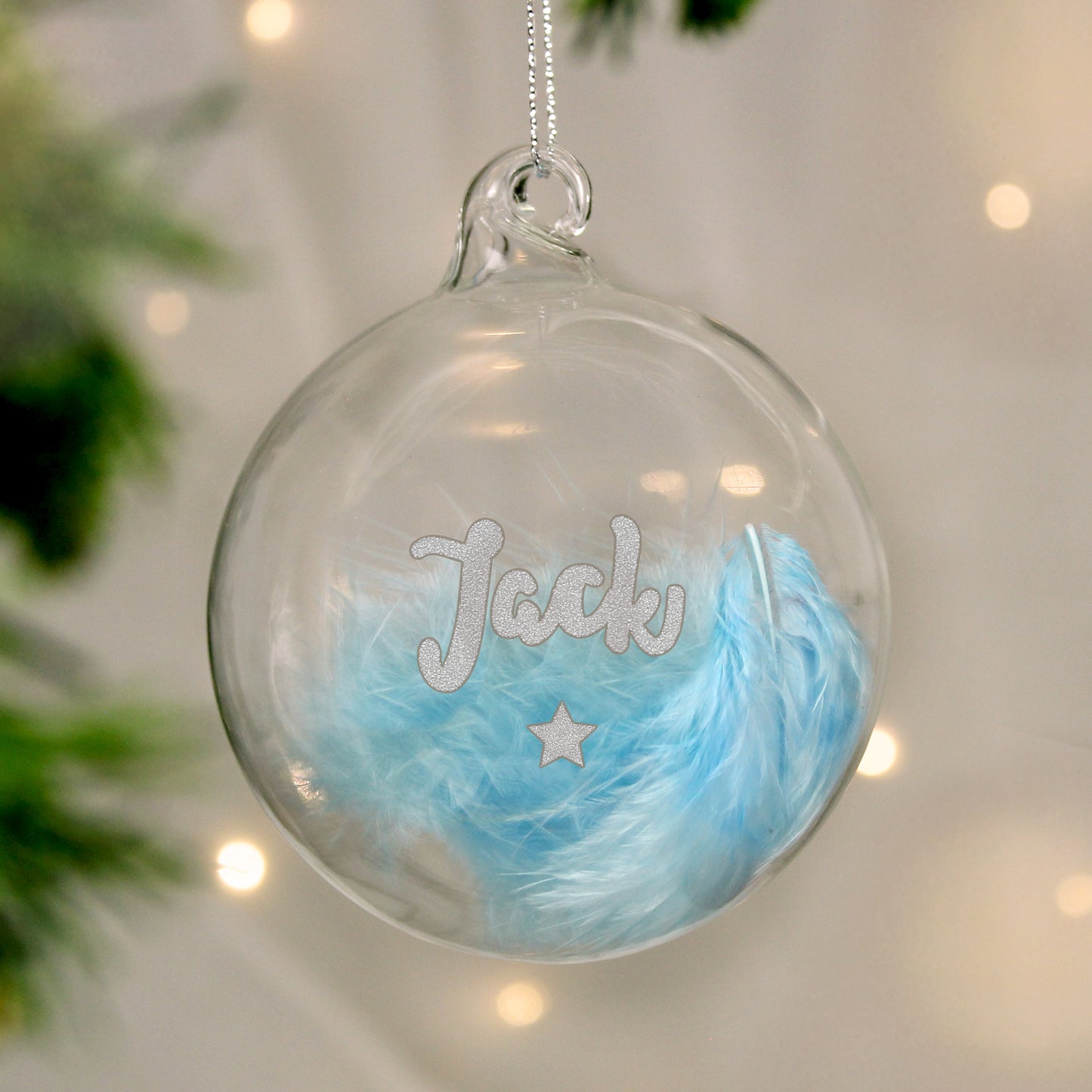 Personalised Blue Feather Silver Star Glass Bauble Christmas Tree Decor