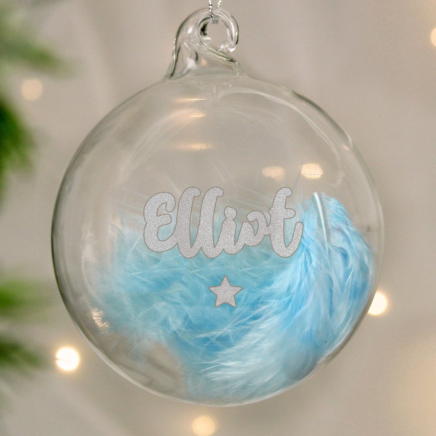Personalised Blue Feather Silver Star Glass Bauble Christmas Tree Decor