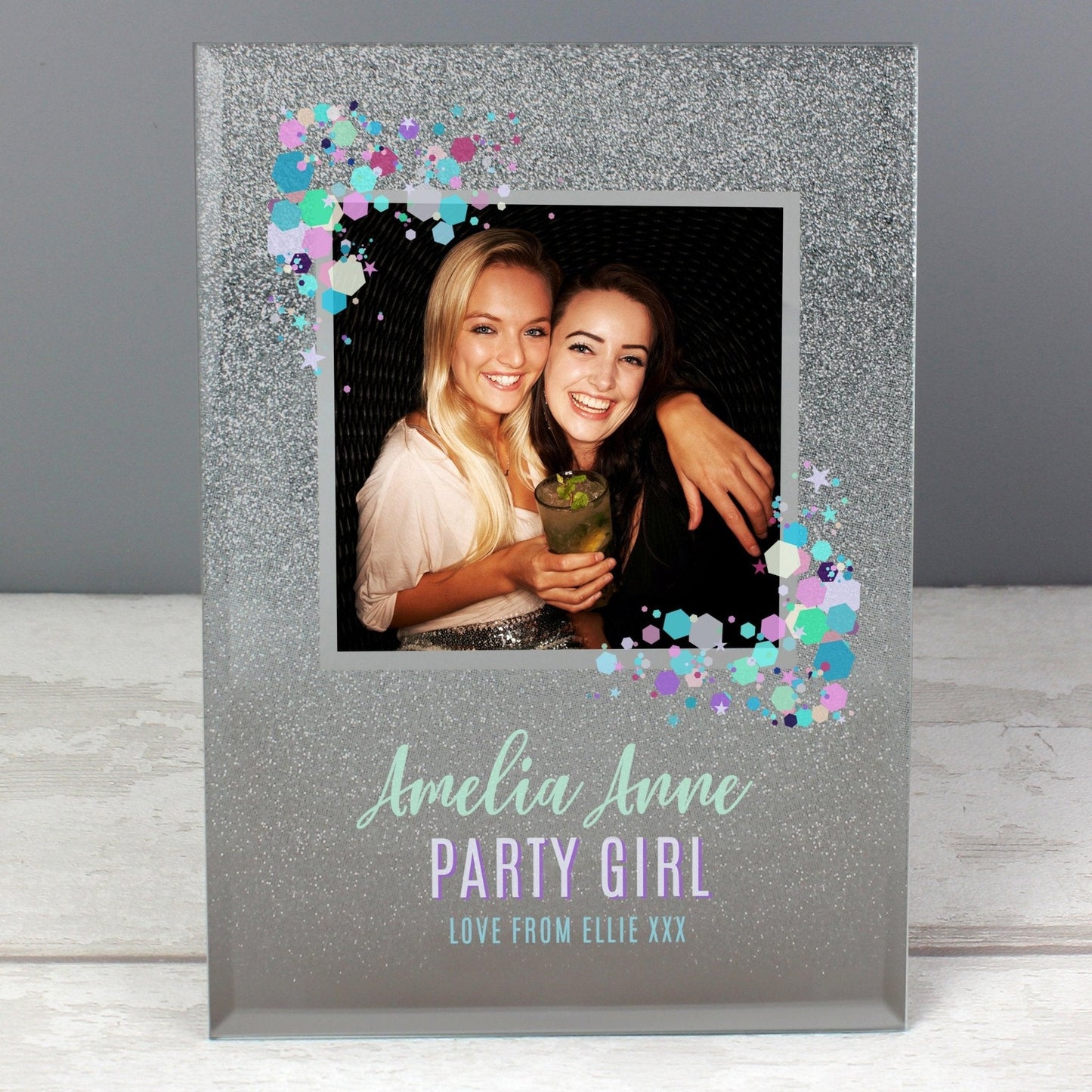 Personalised Festival Style 4x4 Silver Glitter Glass Photo Frame