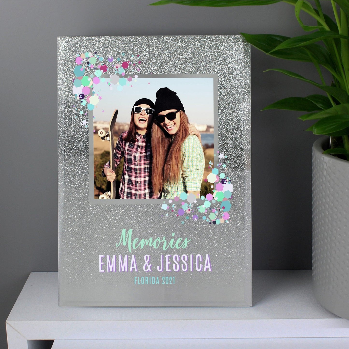 Personalised Festival Style 4x4 Silver Glitter Glass Photo Frame