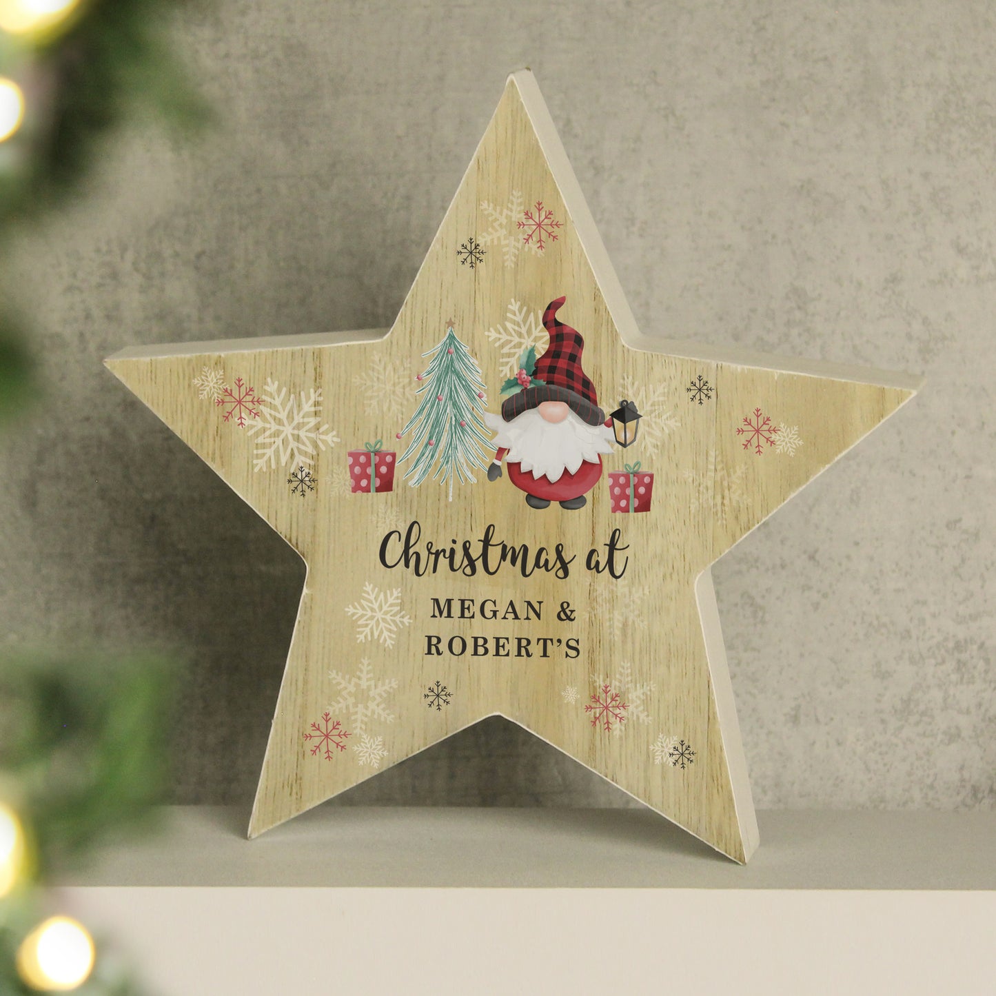 Personalised Gonk Gnome Christmas Wooden Block Star Ornament