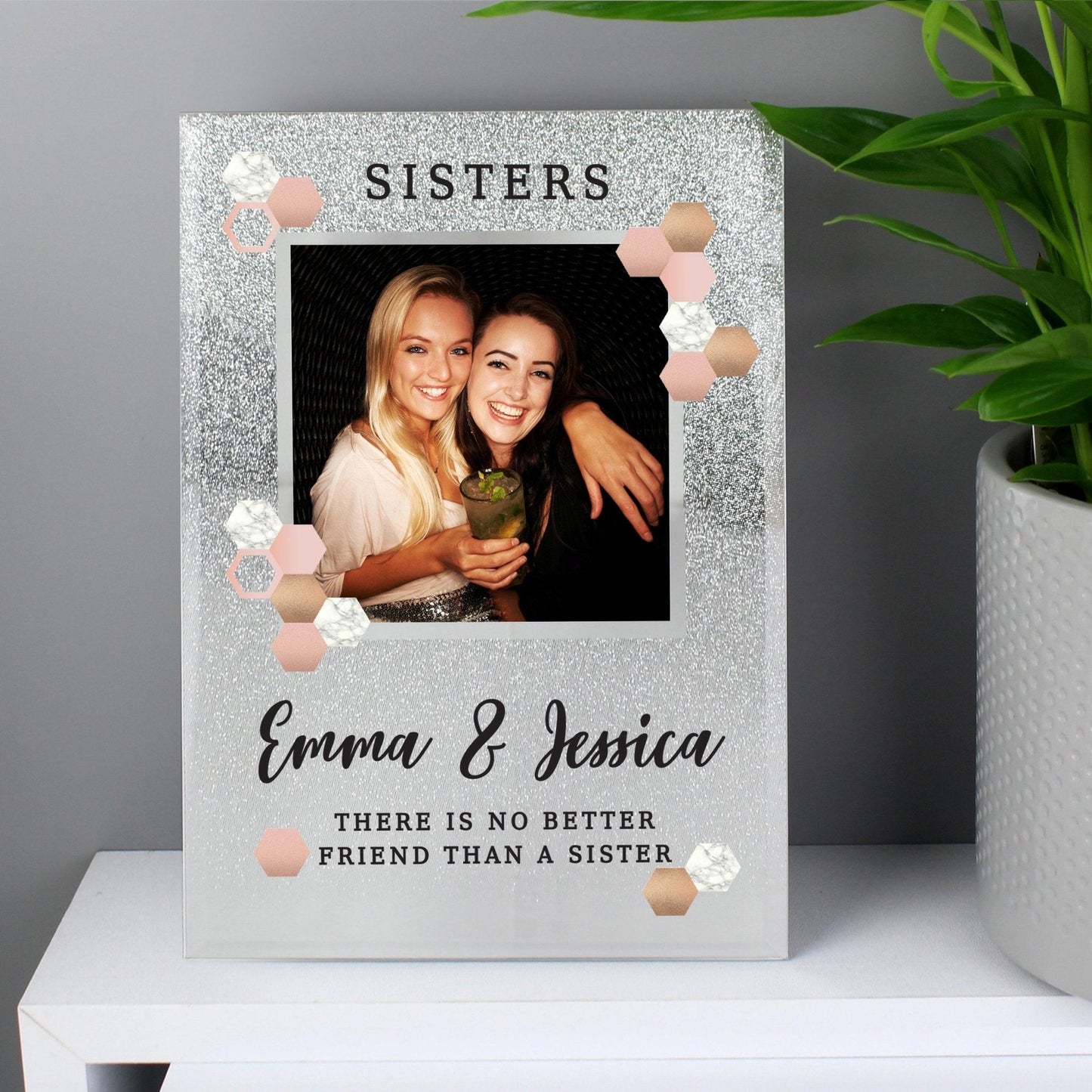 Personalised Hexagon Design 4x4 Silver Glitter Glass Photo Frame