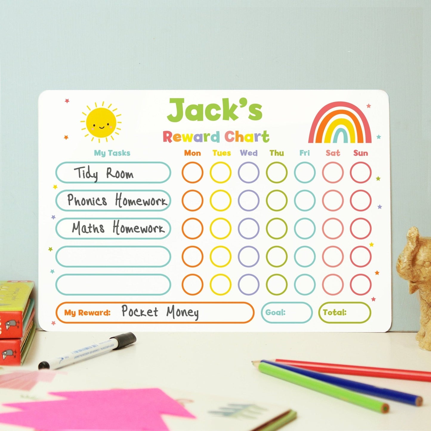 Personalised Kids Colourful Metal Rewards Chart & Dry Wipe Pen