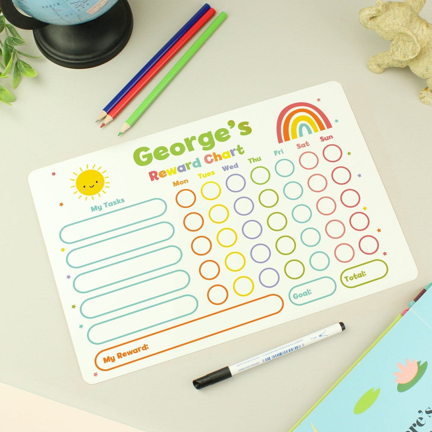 Personalised Kids Colourful Metal Rewards Chart & Dry Wipe Pen