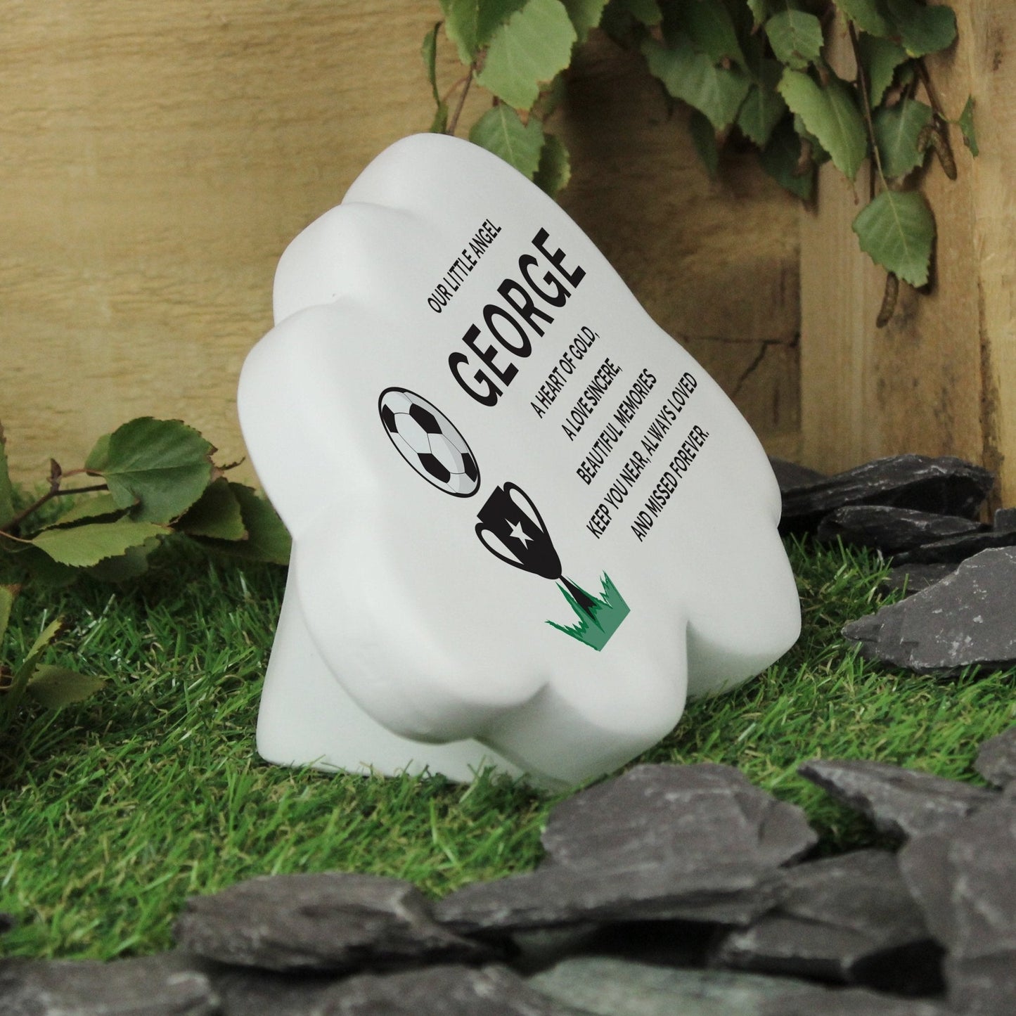Personalised Kids Memorial Cloud Graveside Plaque - Football Trophy Cup