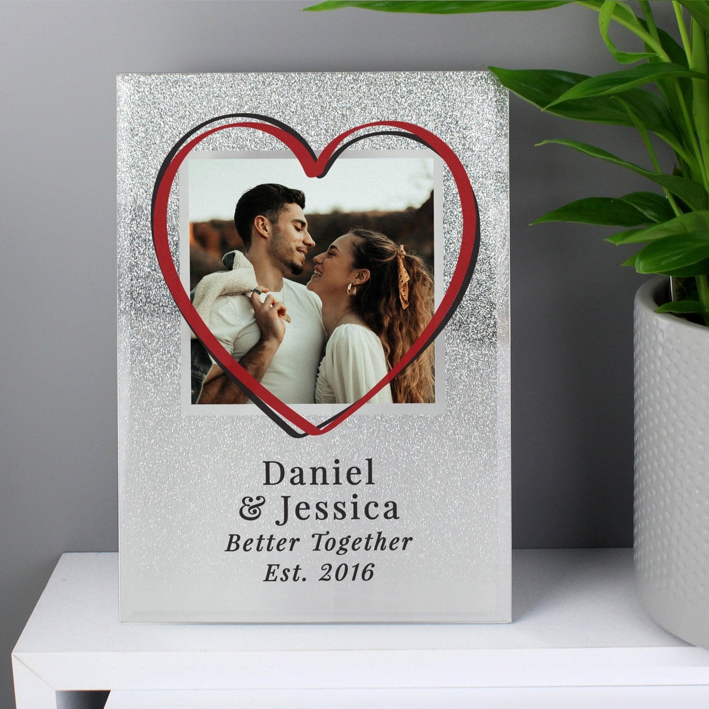 Personalised Love Heart 4x4 Silver Glitter Glass Photo Frame