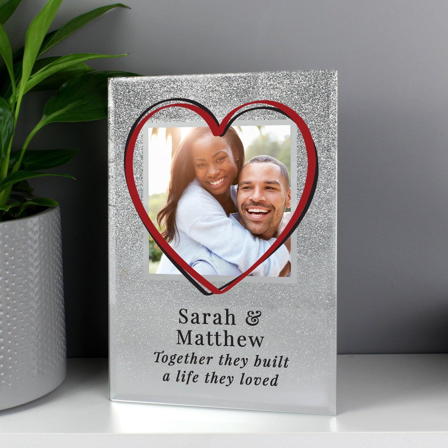 Personalised Love Heart 4x4 Silver Glitter Glass Photo Frame