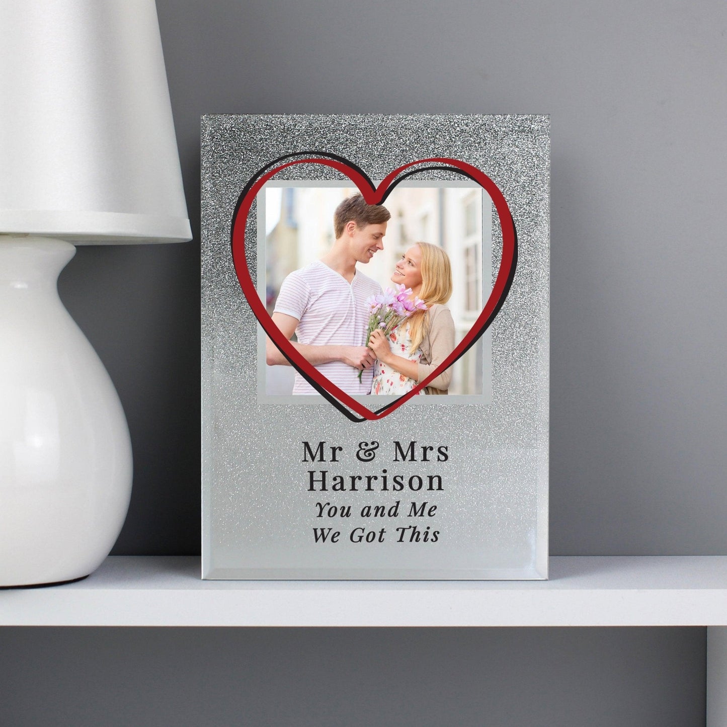 Personalised Love Heart 4x4 Silver Glitter Glass Photo Frame