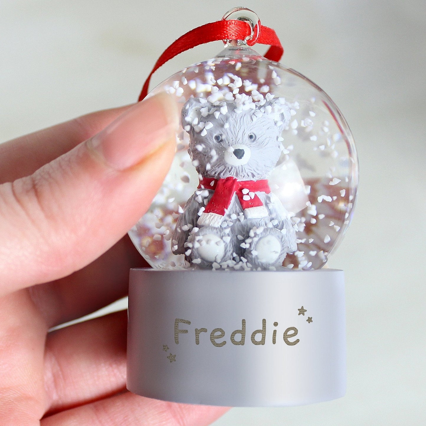 Personalised Name Teddy Bear Glitter Snow Globe Bauble Tree Decoration