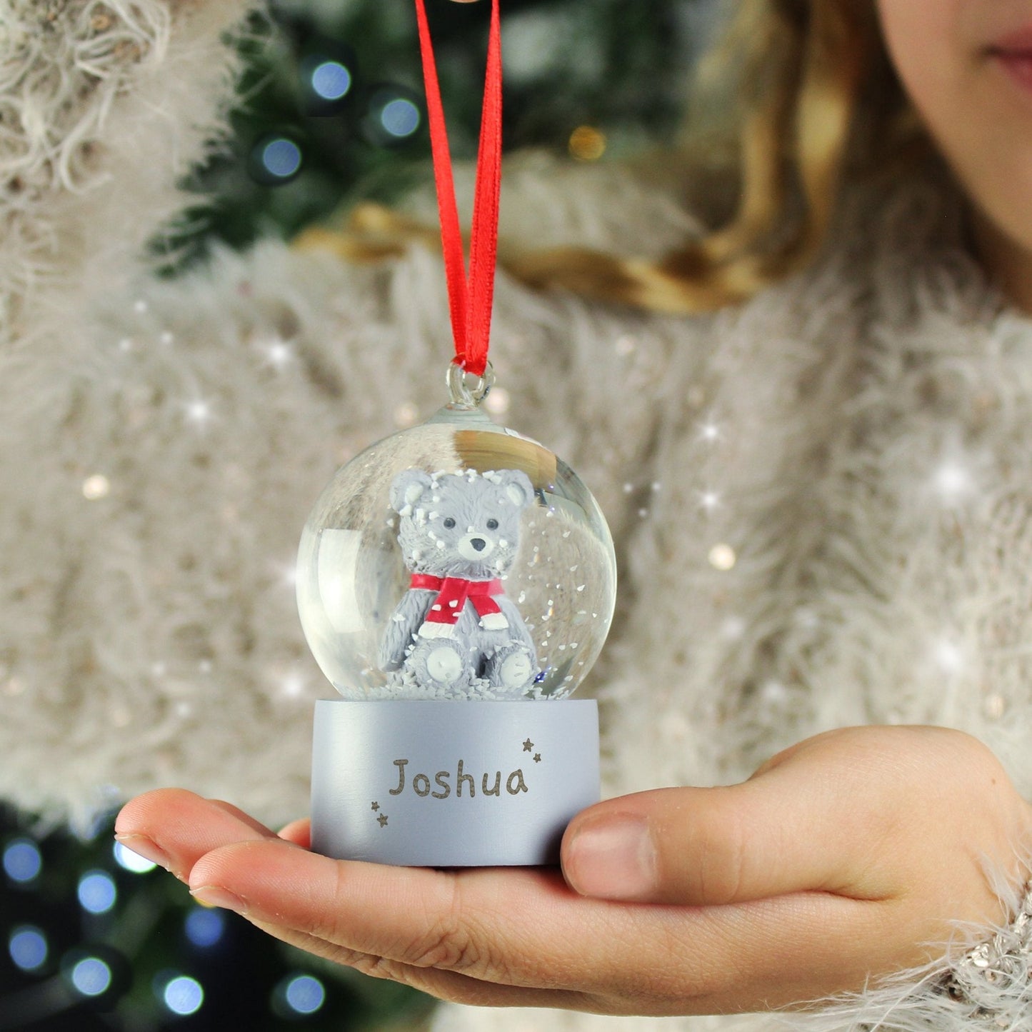 Personalised Name Teddy Bear Glitter Snow Globe Bauble Tree Decoration