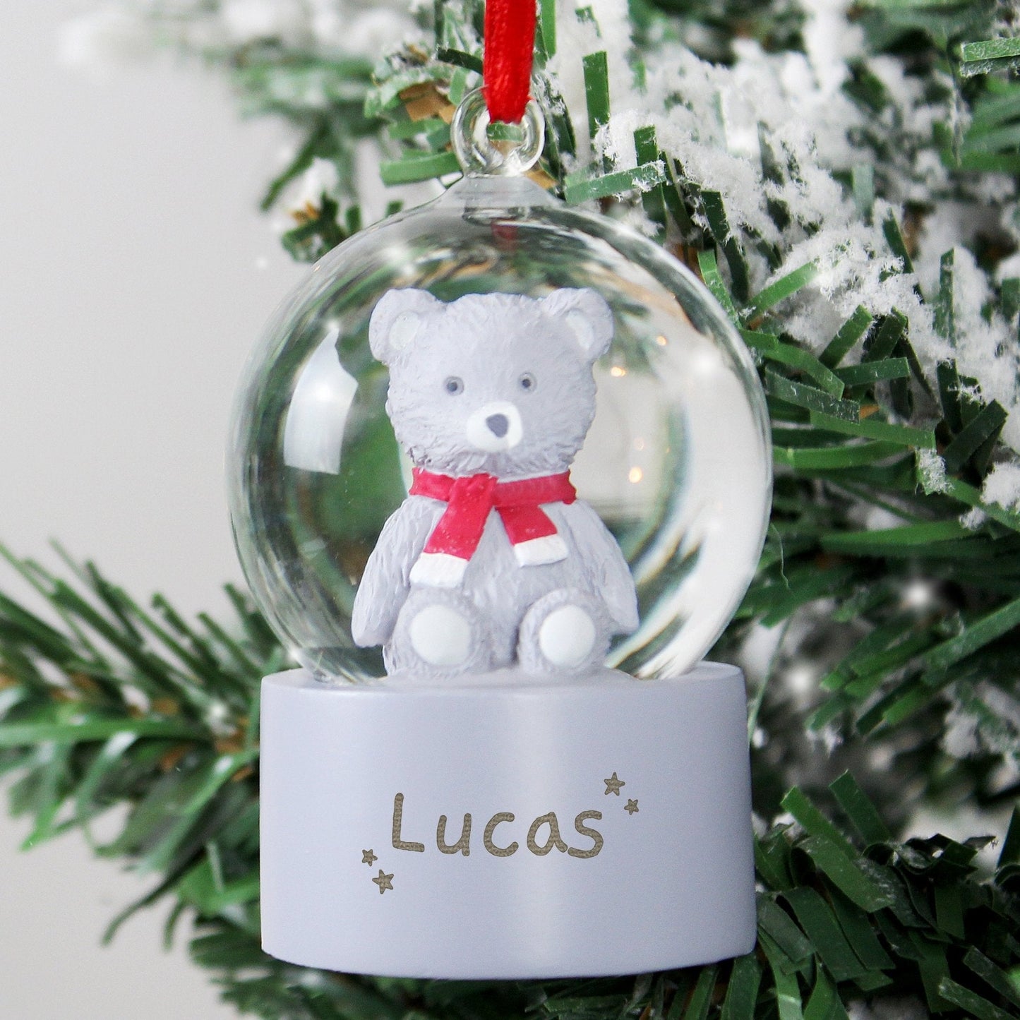 Personalised Name Teddy Bear Glitter Snow Globe Bauble Tree Decoration