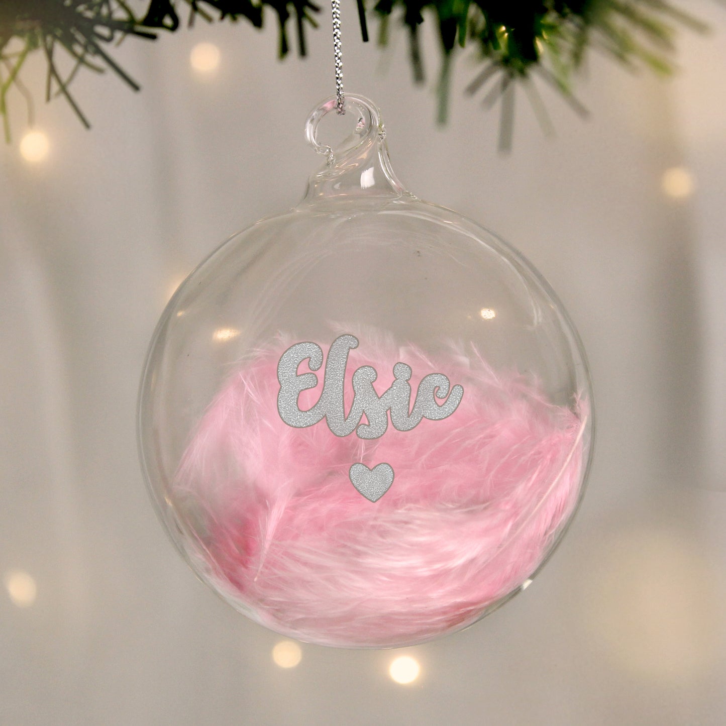 Personalised Pink Feather Silver Heart Glass Bauble Christmas Tree Decor