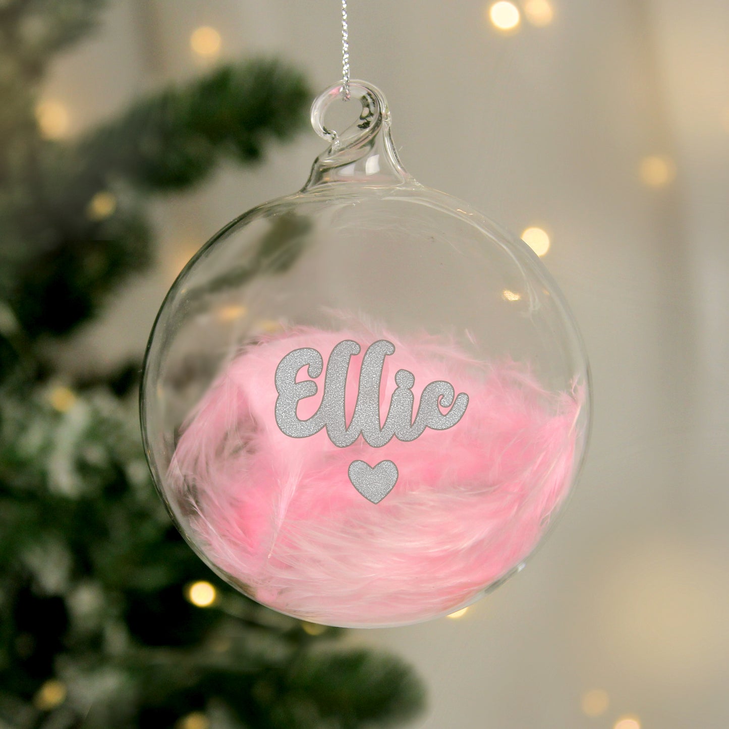 Personalised Pink Feather Silver Heart Glass Bauble Christmas Tree Decor