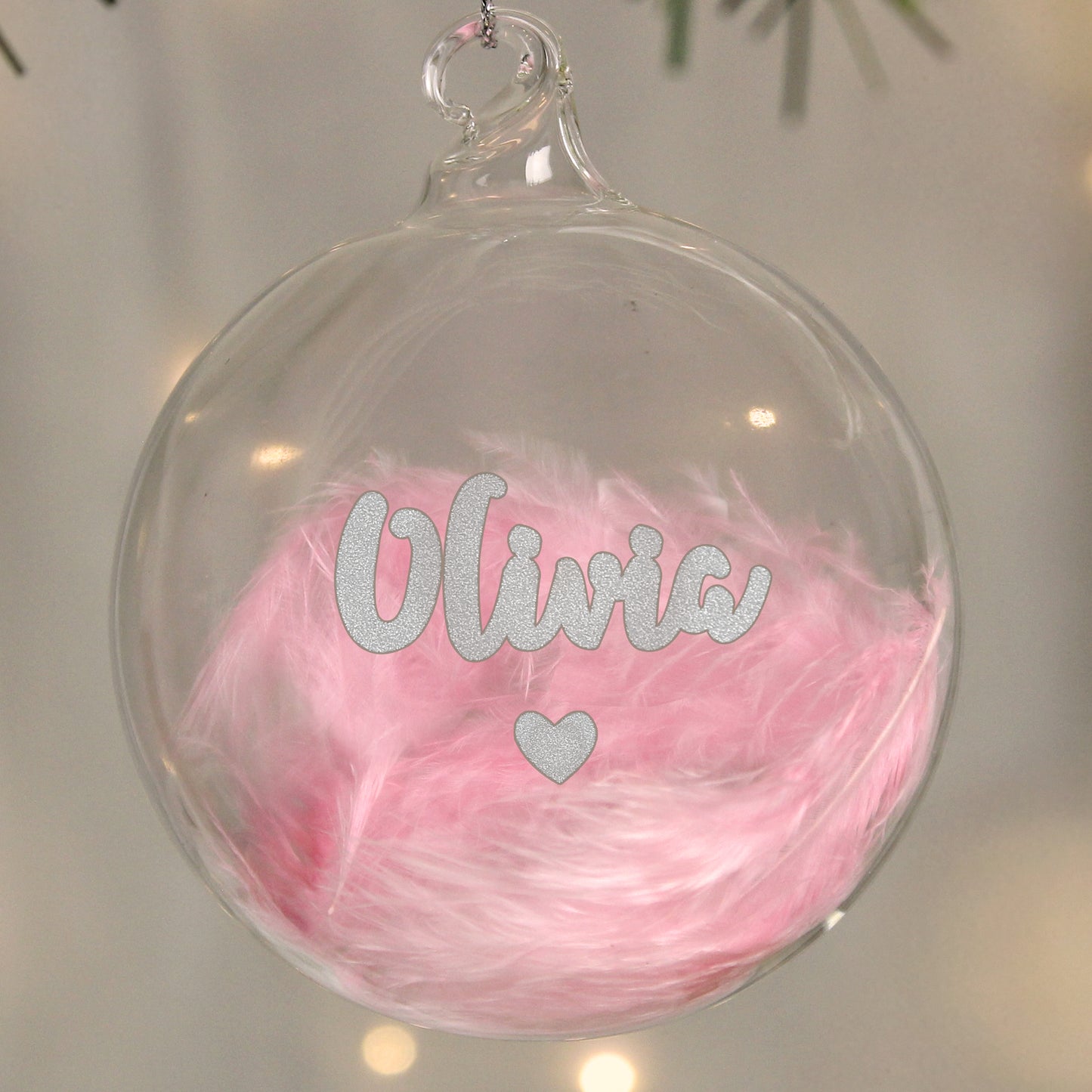 Personalised Pink Feather Silver Heart Glass Bauble Christmas Tree Decor