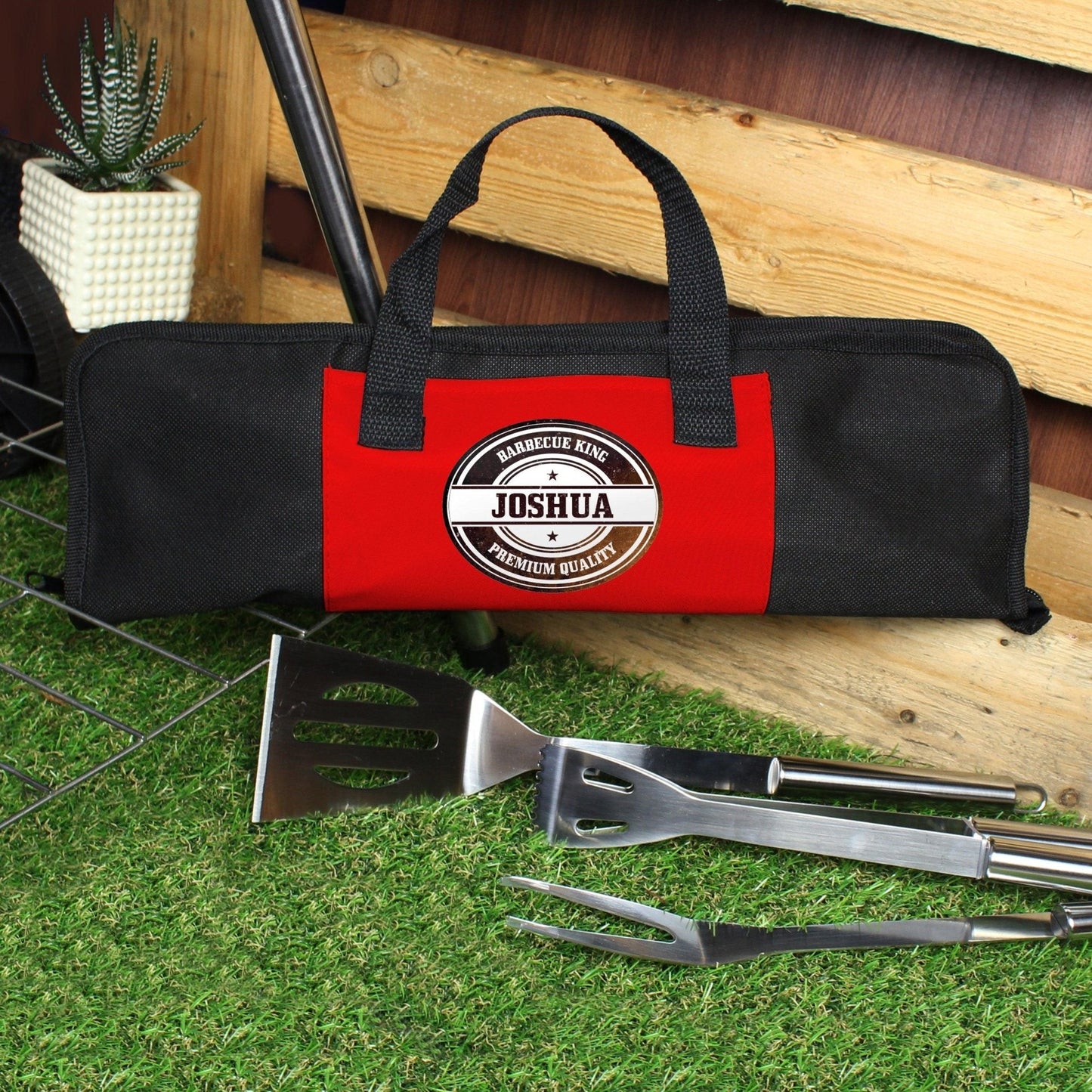 Personalised Red Stamp Stainless Steel BBQ Utensils Kit with Storage Bag