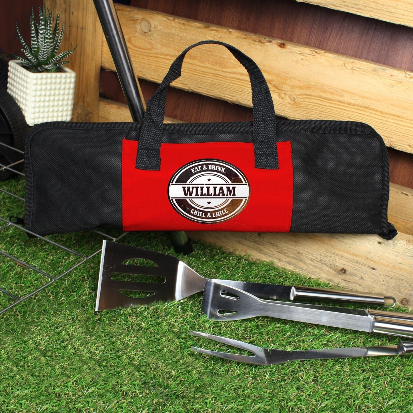 Personalised Red Stamp Stainless Steel BBQ Utensils Kit with Storage Bag