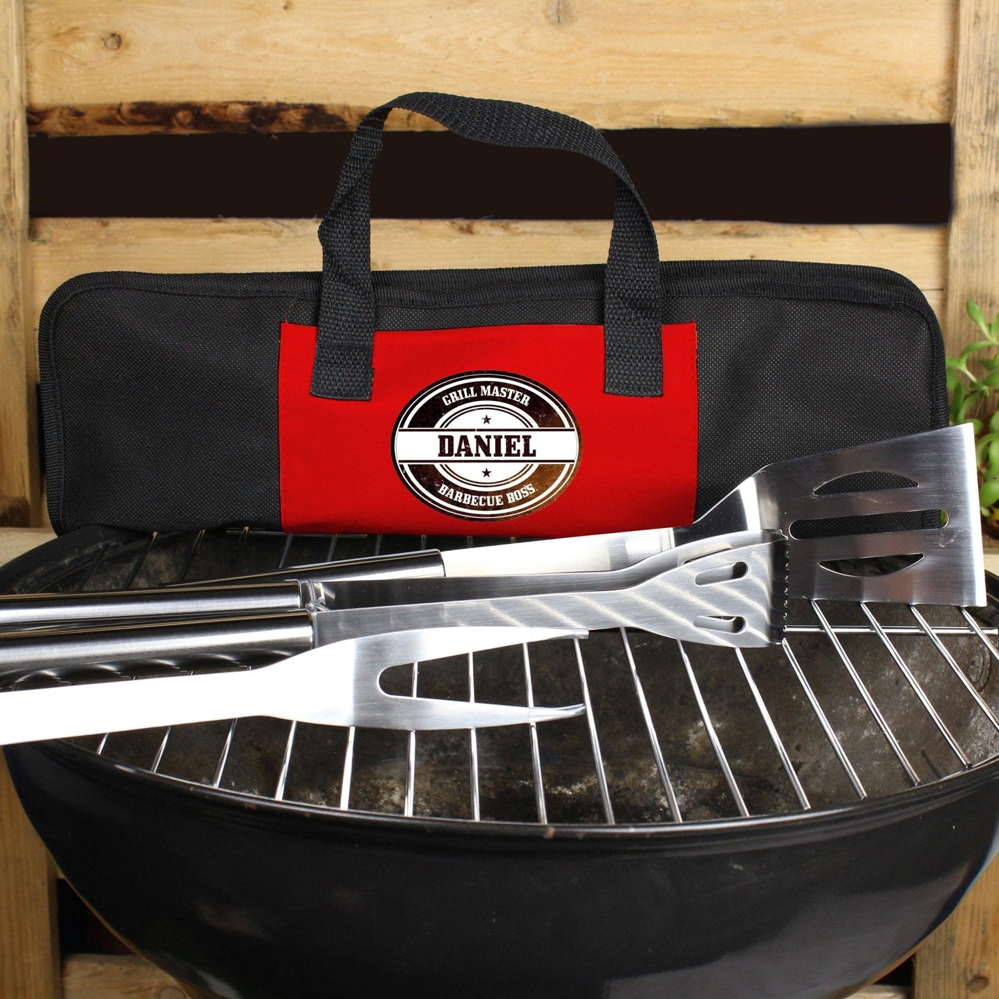 Personalised Red Stamp Stainless Steel BBQ Utensils Kit with Storage Bag