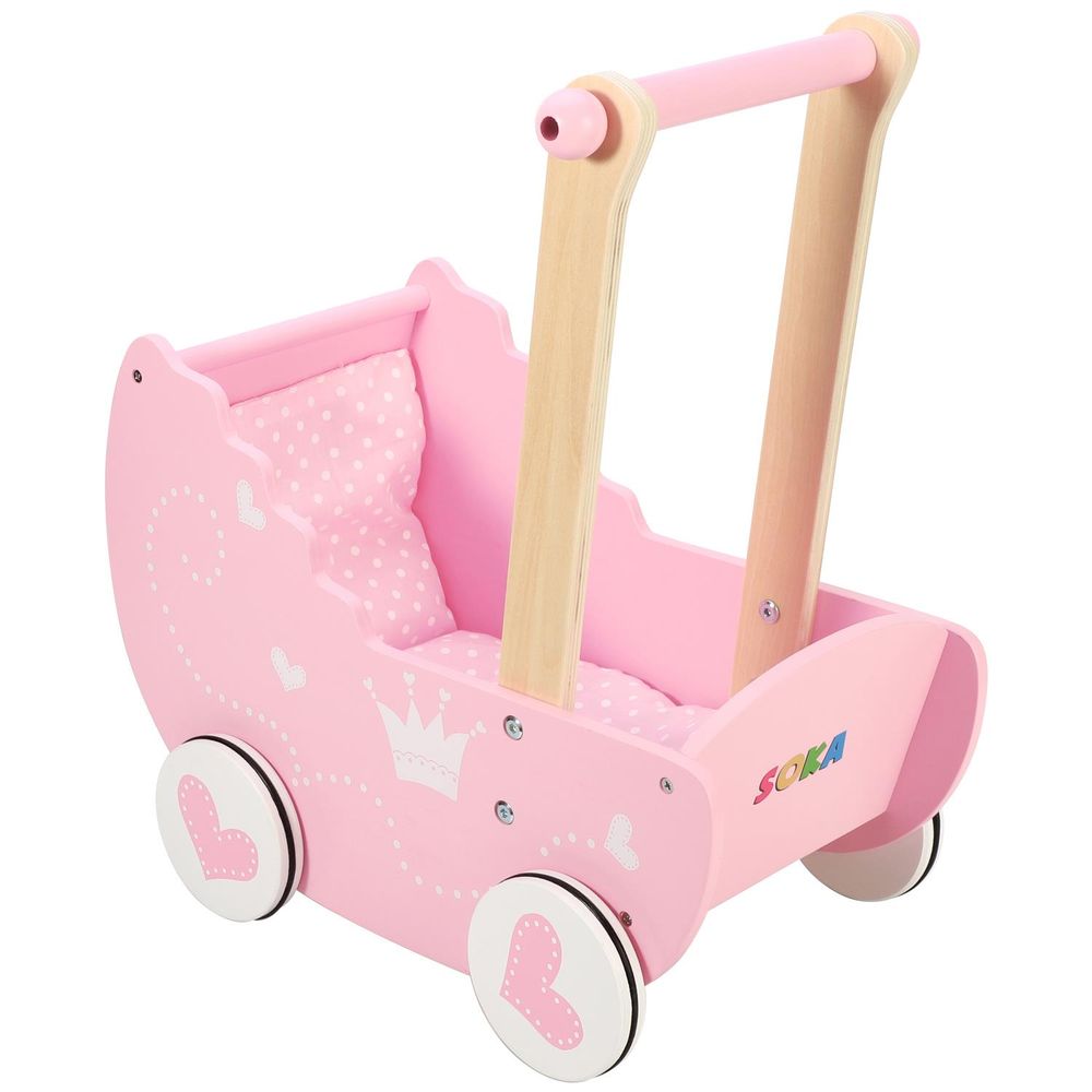Pink Princess Push Along Wooden Doll Pram Pretend Play Toy
