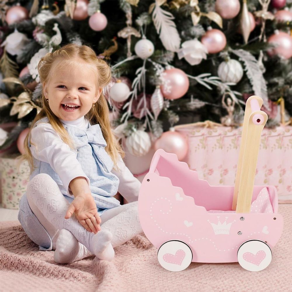 Pink Princess Push Along Wooden Doll Pram Pretend Play Toy
