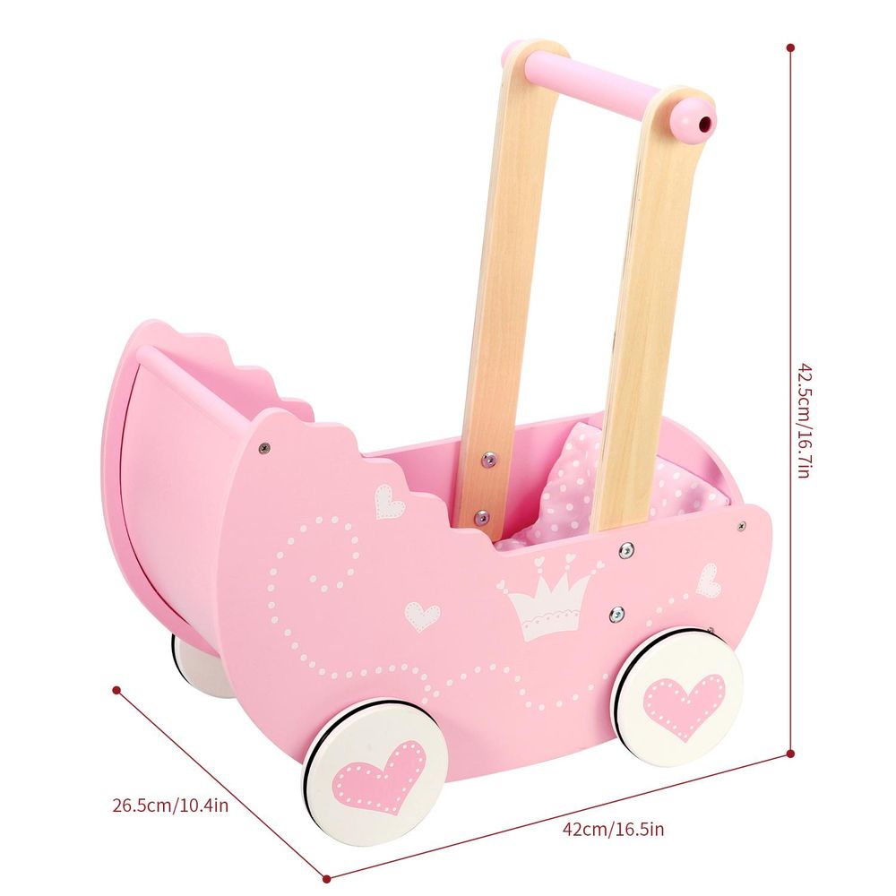 Pink Princess Push Along Wooden Doll Pram Pretend Play Toy