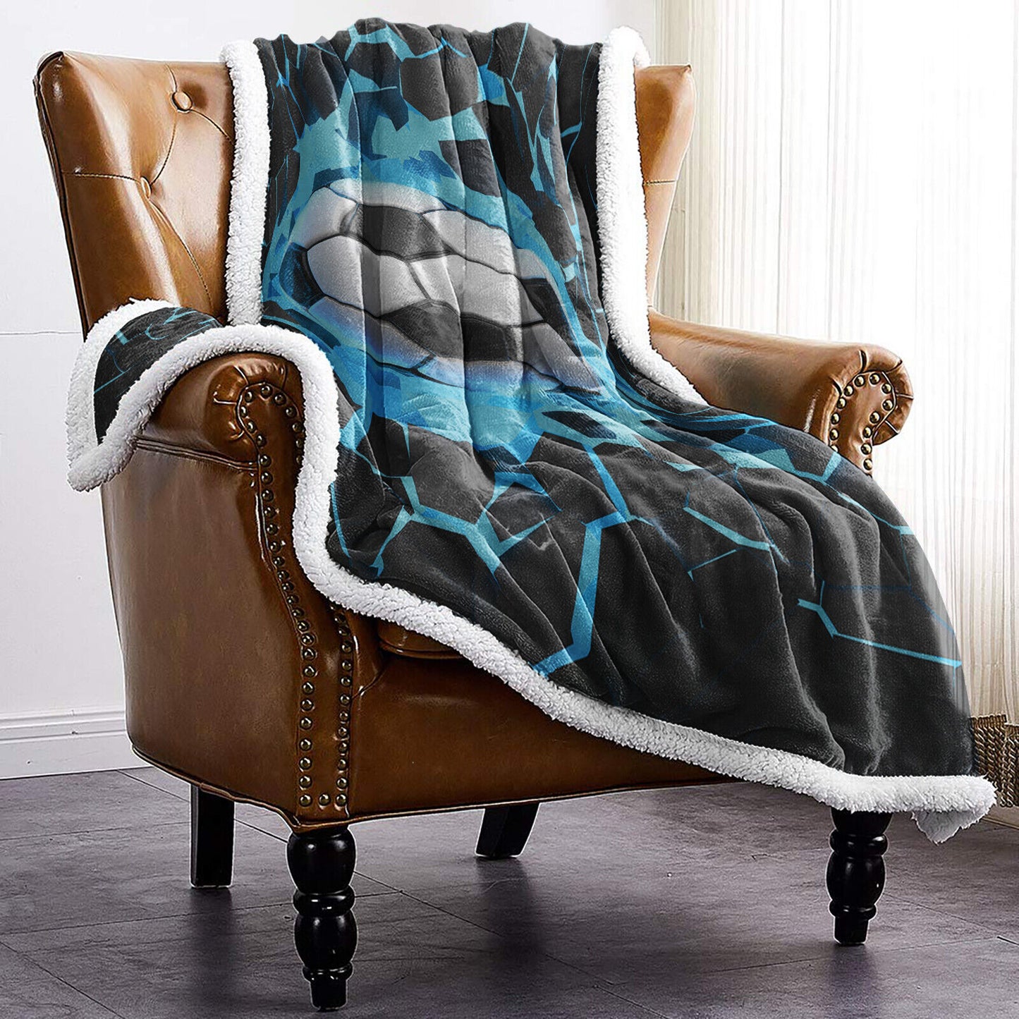 Soft Warm Fleece Blanket Throw - Blue Football Design