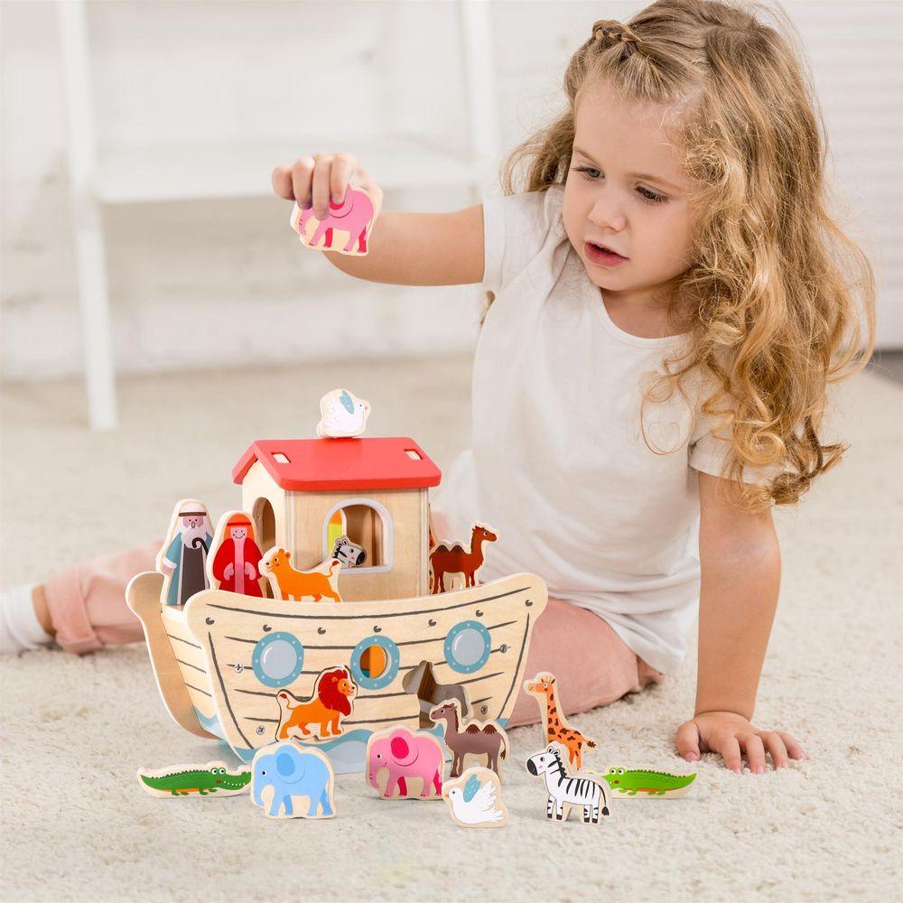 Wooden Noah's Ark and 13 Animals Boat Playset Role Play Activity Toy