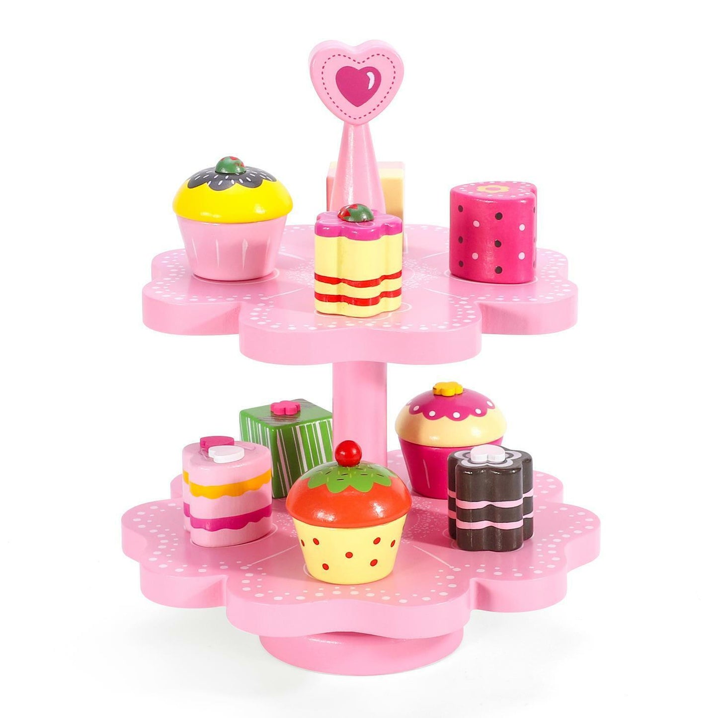 Wooden Tea Party Cakes Heart Magnetic 2-Tier Pink Cake Stand Toy