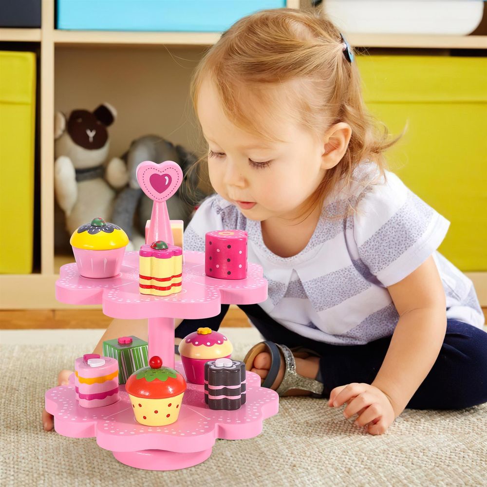 Wooden Tea Party Cakes Heart Magnetic 2-Tier Pink Cake Stand Toy