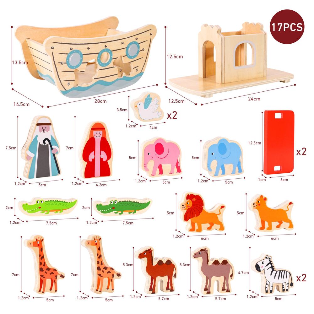 Wooden Noah's Ark and 13 Animals Boat Playset Role Play Activity Toy