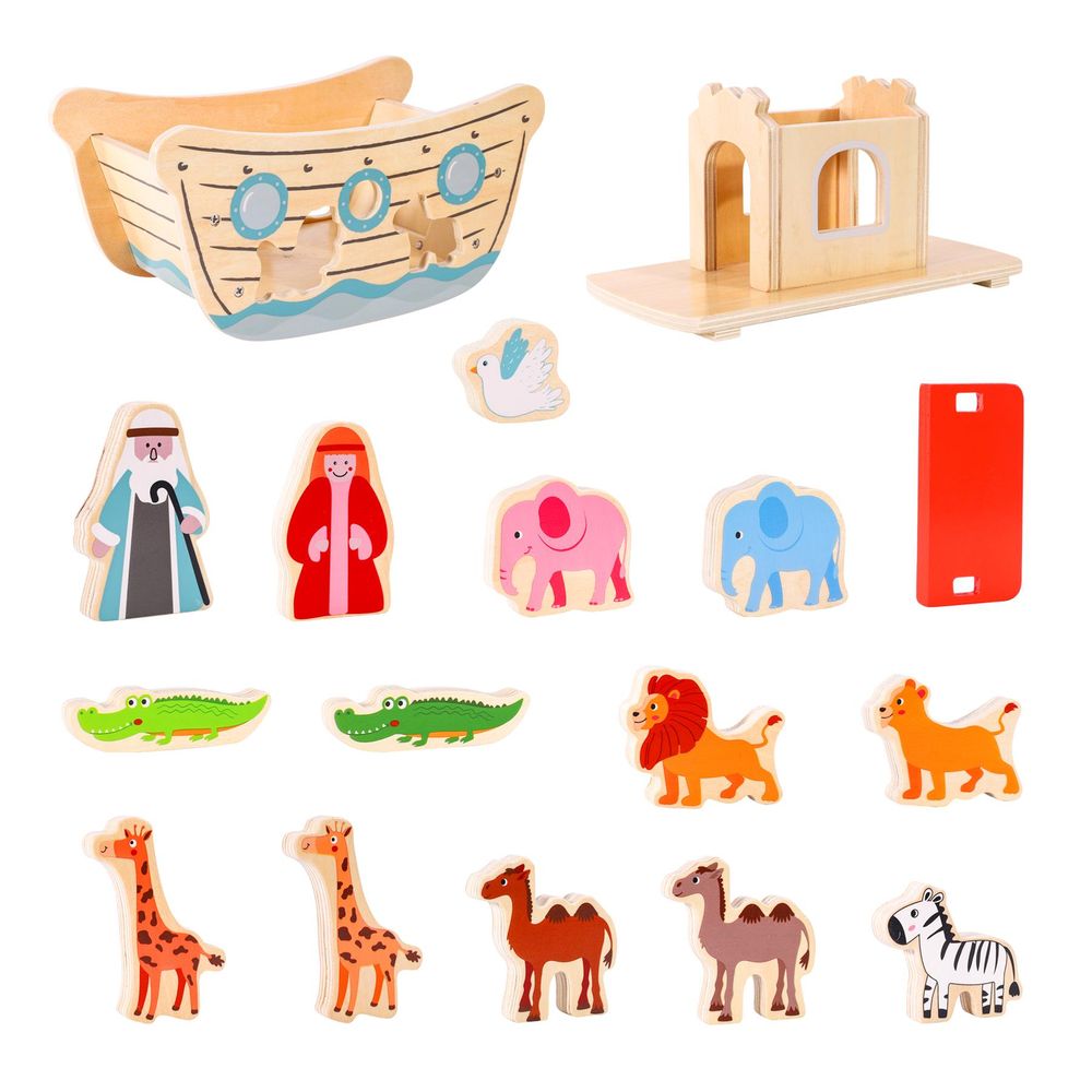 Wooden Noah's Ark and 13 Animals Boat Playset Role Play Activity Toy