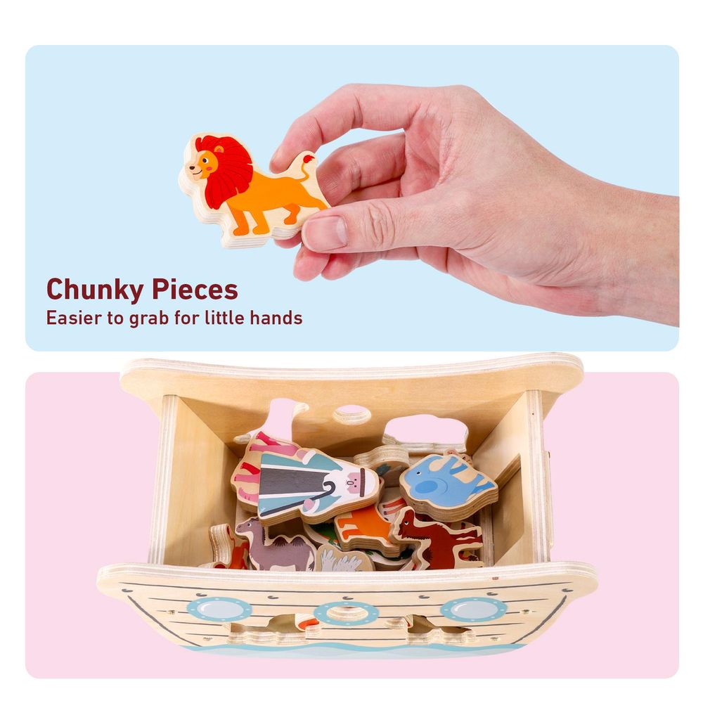 Wooden Noah's Ark and 13 Animals Boat Playset Role Play Activity Toy