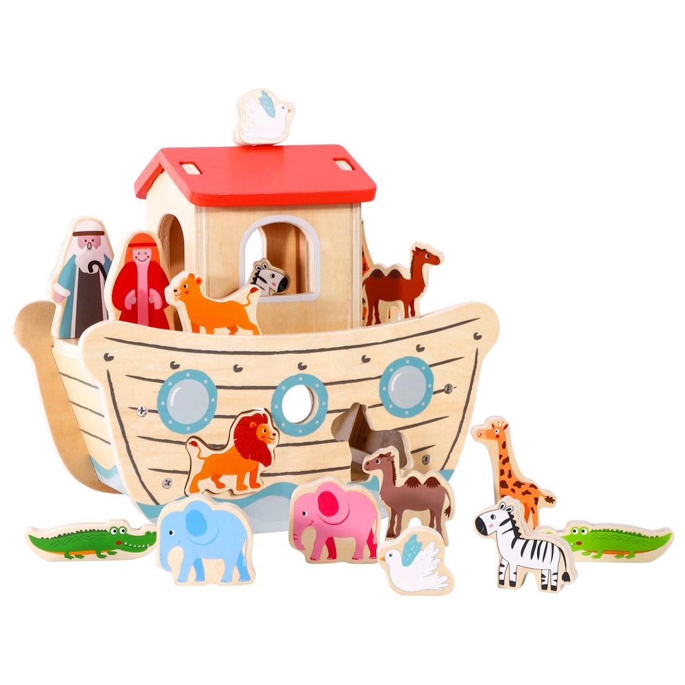 Wooden Noah's Ark and 13 Animals Boat Playset Role Play Activity Toy