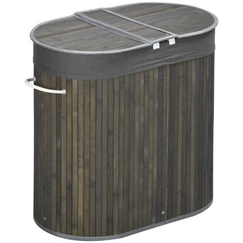 100L Bamboo 2 Compartment Laundry Hamper Basket Washing Bin - Grey