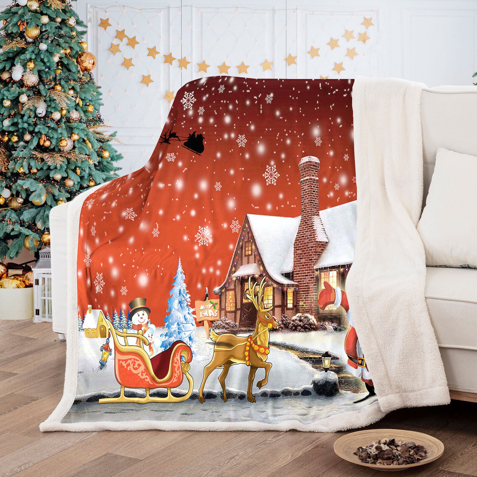 Warm Soft Fleece Blanket Throw - Red Christmas Santa Reindeer Snowman