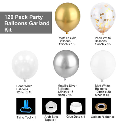 120Pcs DIY Party Balloons Arch Garland Kit – Gold White Silver
