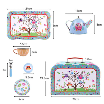 18pcs Woodland Animals Owls Metal Tea Party Play Set with Carry Case