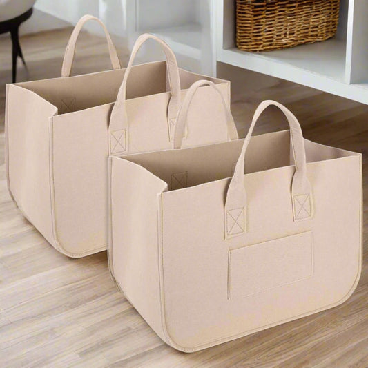2pk Large Felt Foldable Storage Basket Bags with Handles - Beige