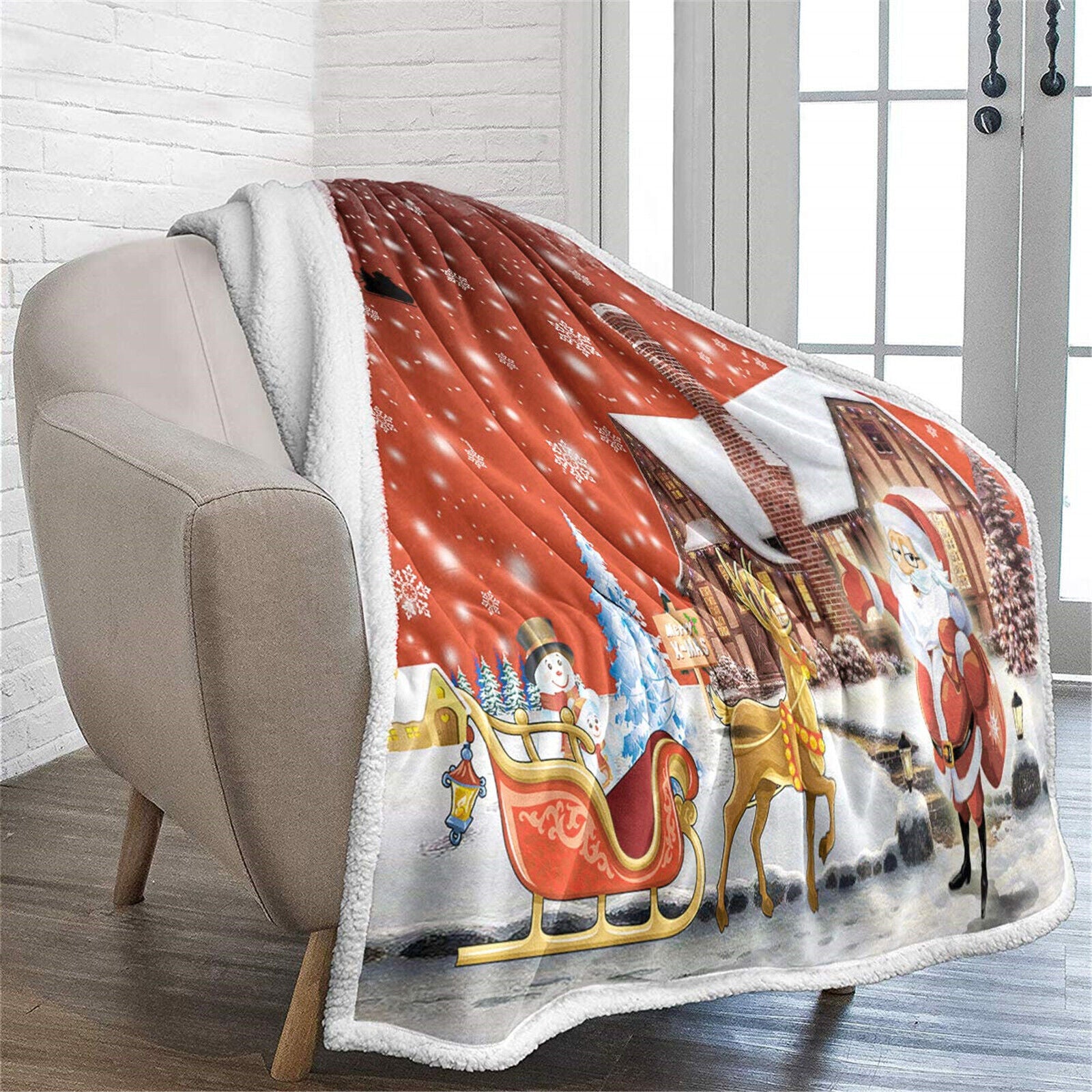 Warm Soft Fleece Blanket Throw - Red Christmas Santa Reindeer Snowman
