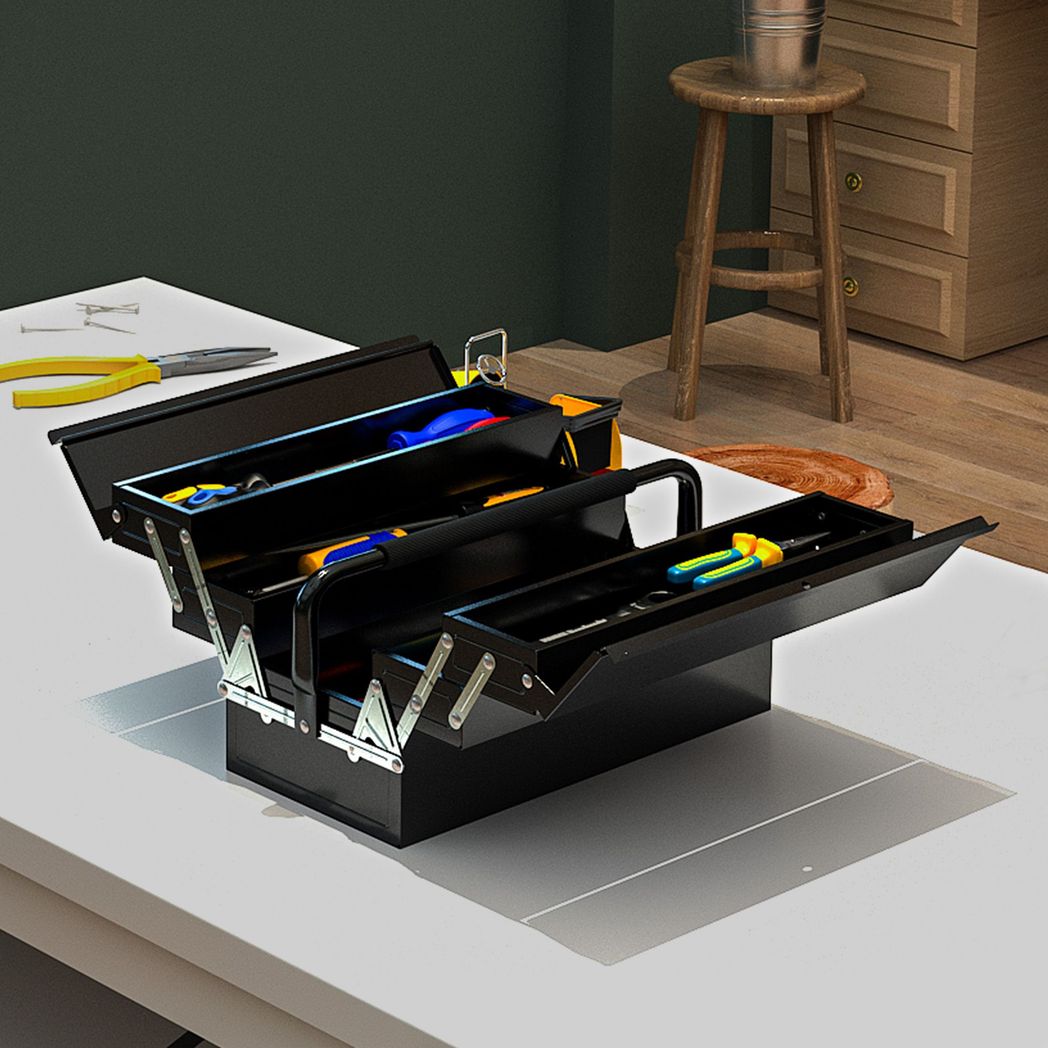 3 Tier Metal Tool Box 5 Storage Trays Toolbox Case with Handle - Black