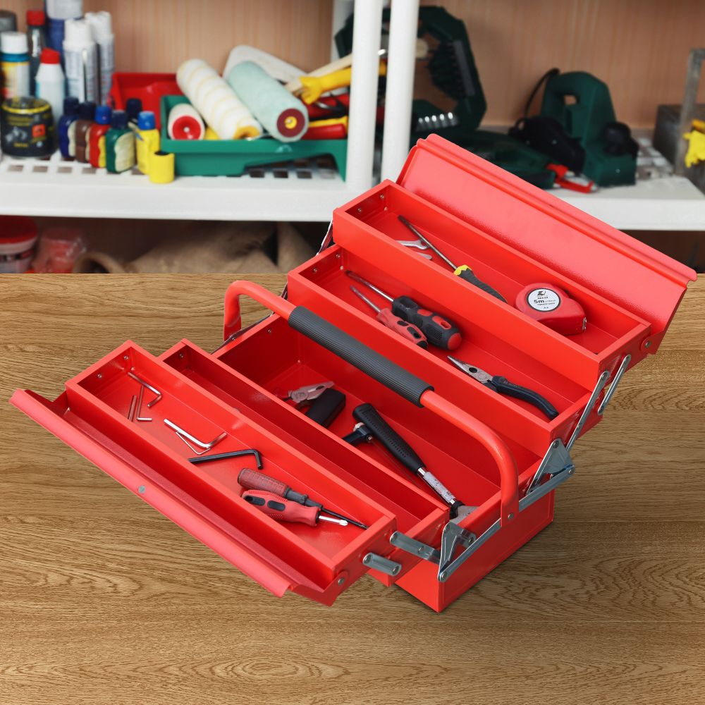 3 Tier Metal Tool Box 5 Storage Trays Toolbox Case with Handle - Red