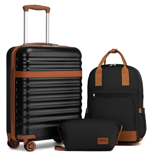 3pc Travel Set 20" ABS Hard Shell Suitcase with Backpack & Pouch - Black & Brown