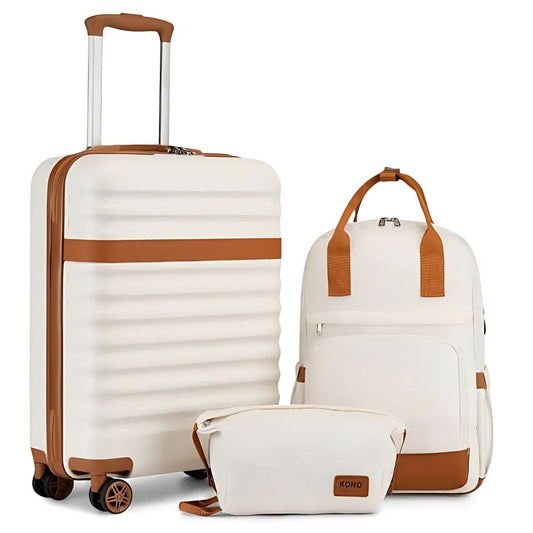 3pc Travel Set 20" ABS Hard Shell Suitcase with Backpack & Pouch - Cream & Brown