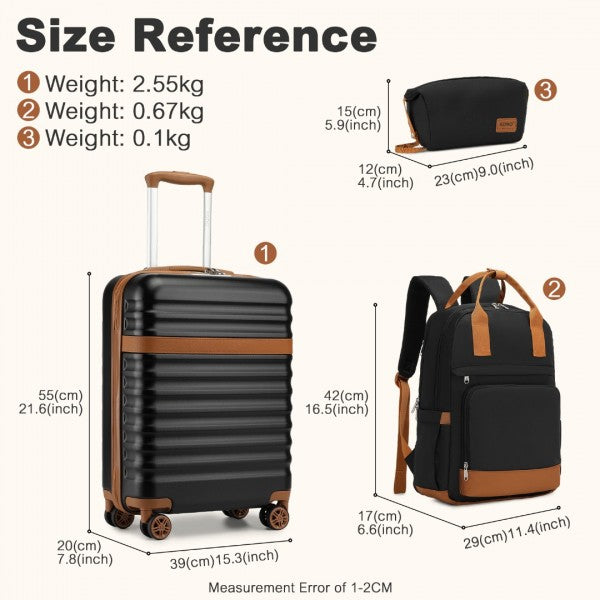 3pc Travel Set 20" ABS Hard Shell Suitcase with Backpack & Pouch - Black & Brown